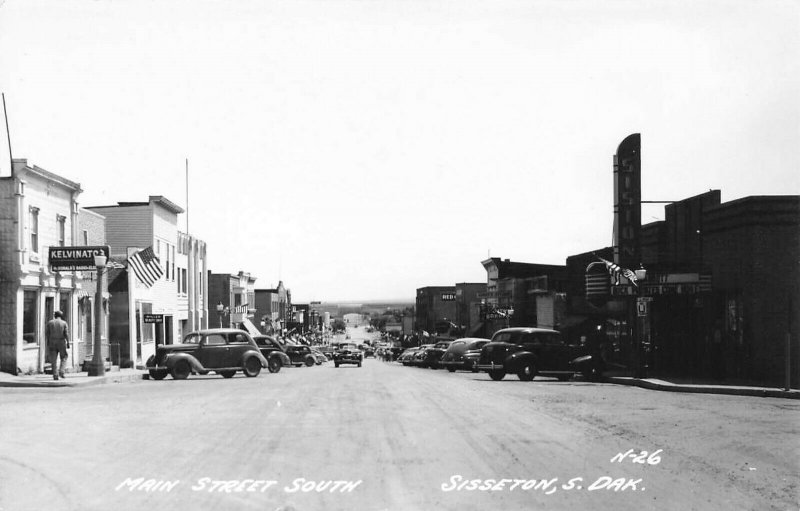 Sisseton SD Main Street South Movie Theatre Storefronts Old Cars RPPC