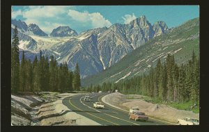 Postmarked 1963 Salmon Arm BC Rogers Pass Rocky Mountains with Cars Postcard