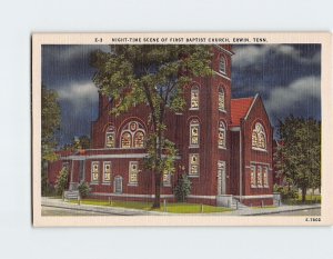 Postcard Night-Time Scene Of First Baptist Church, Erwin, Tennessee