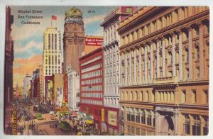 P929 old linen card busy market street scene san francisco california