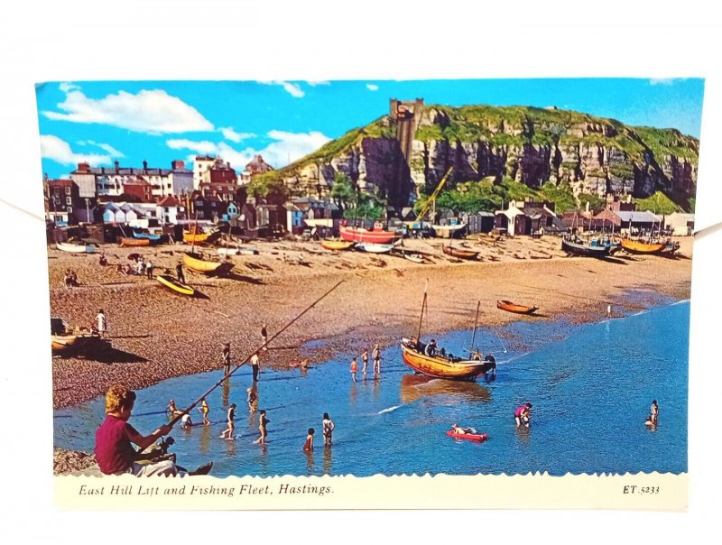 Boy Fishing Nr East Hill Lift & Fishing Fleet Hastings Vintage Postcard 1960s