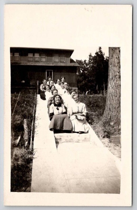 RPPC Group of Edwardian Women Posing on Steps Maybe to Beach Postcard B30