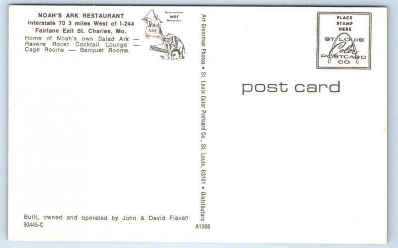 2 Postcards ST. CHARLES, Missouri MO ~ Roadside NOAH'S ARK RESTAURANT 1960s-70s