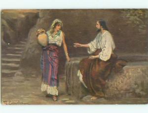 Unused Pre-Linen religious signed JESUS WITH WOMAN FROM SAMARIA k6336