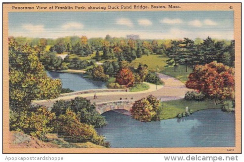 Massachusetts Boston Panorama View Of Franklin Park Showing Duck Pond Bridge