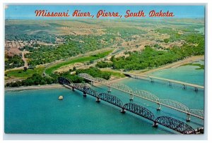 c1960's Aerial View Of Missouri River Pierre Bridges South Dakota SD Postcard