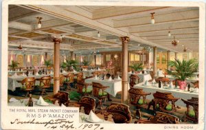 1907 R. M. S. P. Amazon Royal Mail Steam Ship Interior View Dining Room Postcard