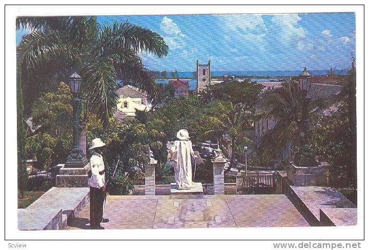 View from Government House showing Sentry and Statue of Columbus, Nassau, Bah...