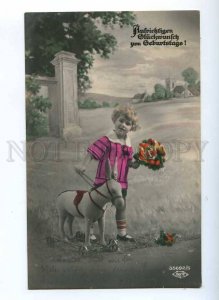 190243 Charming Boy & DONKEY Toy on Wheels Vintage PHOTO PC