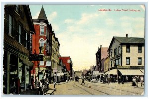 c1910's Lisbon Street Looking Up Lewiston Maine ME Business Section Postcard