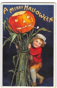 Clapsaddle A MERRY HALLOWEEN Jack-O-Lantern Corn Stalk 1910s Embossed Postcard