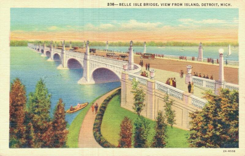 USA Belle Isle Bridge view from Island Detroit Linen 01.71