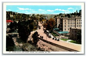 Vintage 1920's Postcard Evans Hotel & Street Scene Hot Springs South Dakota