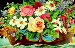 Lovely Die Cut Flowers Boat Ocean Lot of 2 Victorian 9 1/2 X 13 Big & Small