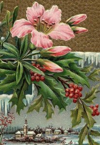 1909 Pink Holly Rural Scene Christmas Postcard Greetings Vtg Embossed Winter  