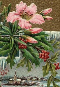 1909 Pink Holly Rural Scene Christmas Postcard Greetings Vtg Embossed Winter   