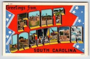 Greetings From Fort Jackson South Carolina Large Letter Linen Postcard Army Tank