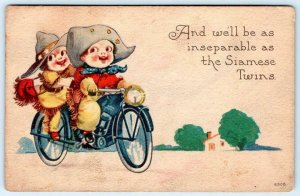 1920 MOTORCYCLE AS INSEPARABLE AS SIAMESE TWINS COWBOY COWGIRL BERGMAN POSTCARD 