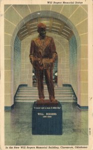 USA Will Rogers Memorial Statue Claremore Oklahoma Linen Postcard 03.55