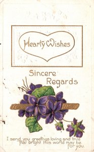 Vintage Postcard 1910 Hearty Wishes Sincere Regards Greeting Card Purple Flowers