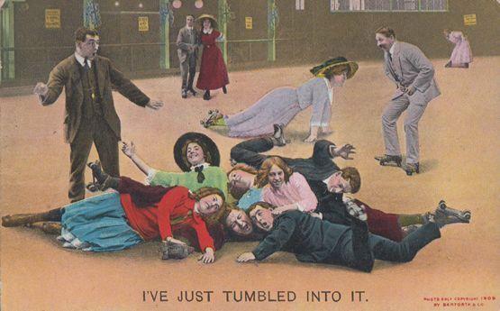 Tumbling Man Lady Falling Pile Roller Skating Rink Antique Comic Humour Postcard Hippostcard