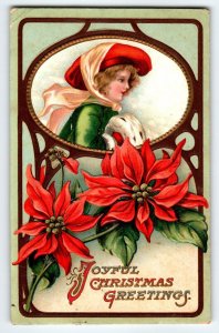 Christmas Postcard Victorian Girl Wearing Muff Hand Warmer Embossed 1910 Germany