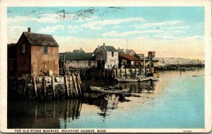 Vtg 1920s The Old Stone Wharves Rockport Harbor Massachusetts MA Postcard