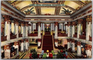 1946 Hotel Jefferson Main Lobby Richmond Virginia Modern Bldg. Posted Postcard