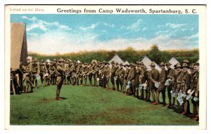 Antique Lined Up For Mess, Camp Wadsworth 1917-1919, Spartanburg, SC Postcard