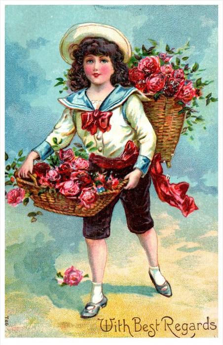 Birthday  Victorian  Girl  in  sailor suit, Baskets of pink roses