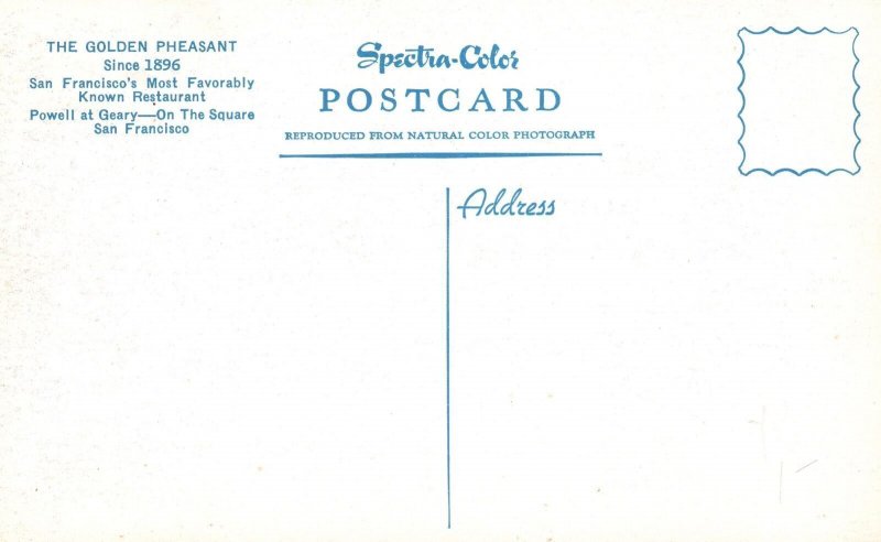 Vintage Postcard Golden Pheasant on Square Restaurant San Francisco California