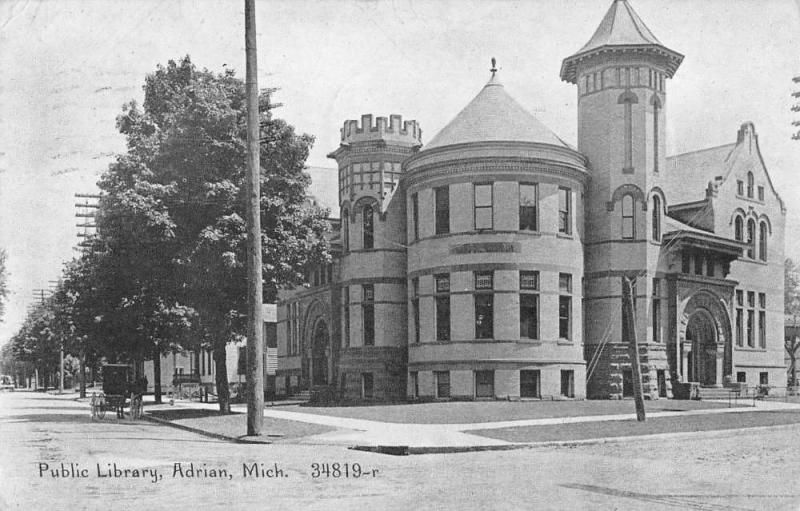 Adrian Michigan Public Library Exterior Street View Antique Postcard K19286