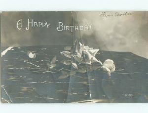 Bent Pre-1907 rppc BEAUTIFUL WHITE ROSE FLOWER FOR BIRTHDAY o2333