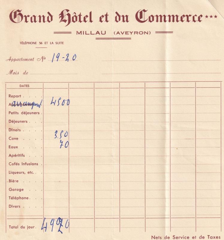 Grand Hotel Et Du Commerce Millau France 1955 Receipt