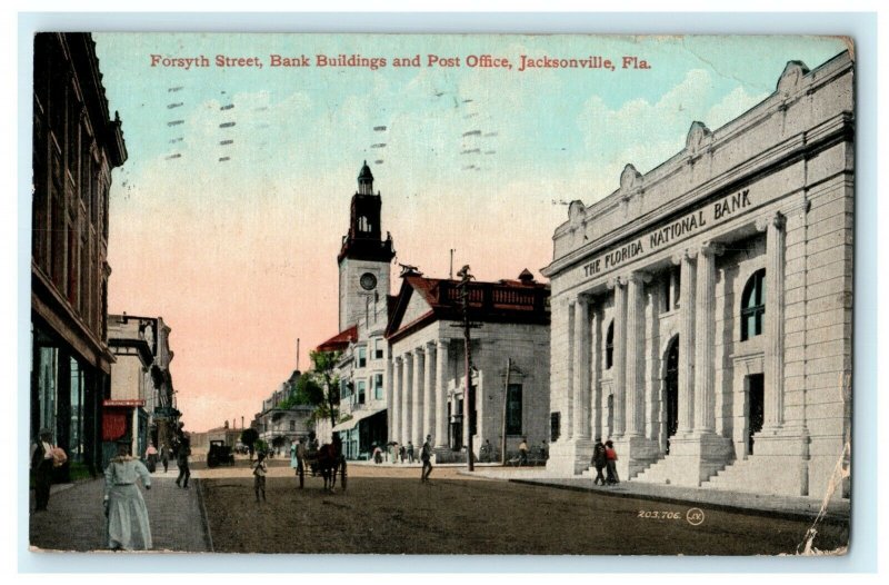 Forsyth Street Bank Buildings Post Office Jacksonville Florida 1912 Postcard 