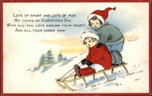 Whitney Christmas Children Sledding c1910 Vintage Postcard