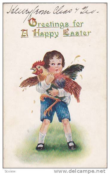 Greetings for a Happy Easter, boy holding rooster, 00-10s