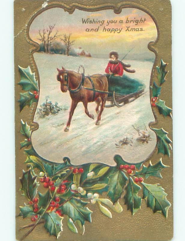 Pre-Linen christmas WOMAN RIDES ON HORSE DRAWN SLED W7251