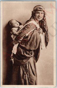 c1930s Libya Beautiful Smiling Mother Baby Young Lady Child Arab Cyanotype A191