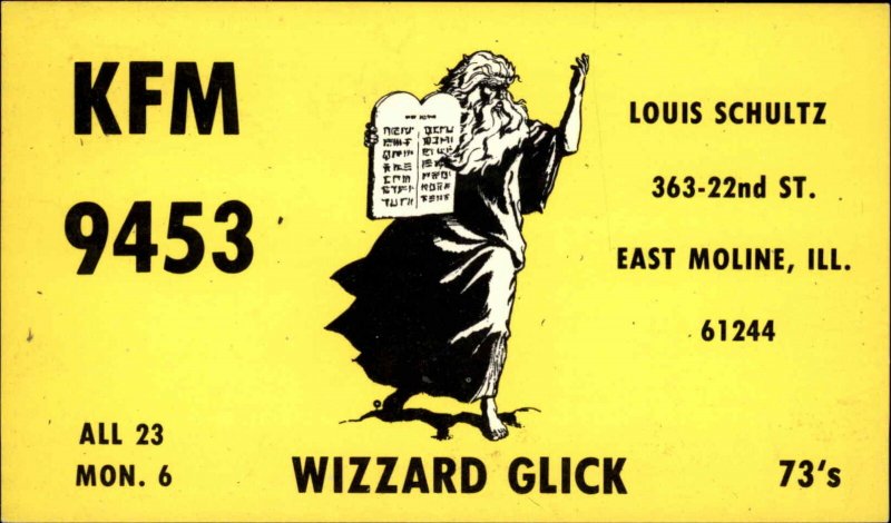 East Moline IL Ham Radio Card Wizard Glick Moses Commandments Postcard