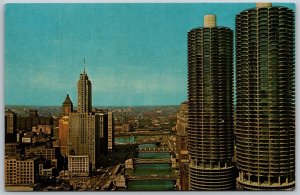 Vtg Chicago Illinois IL Marina City Twin Towers Chrome City View Postcard