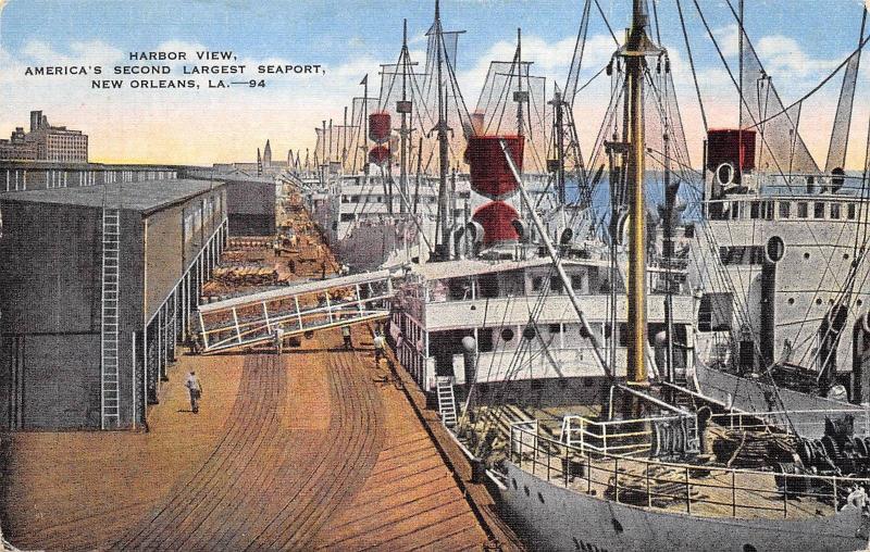 New Orleans Louisiana 1940s Postcard Harbor View Seaport Fishing Boats