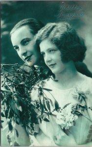 Beautiful Glamour Couple Love & Romance Kissing Vintage RPPC C164