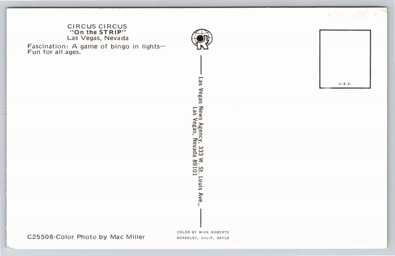 Gambling~Las Vegas Nevada~Circus On The Strip Casino Bingo Game~Vintage Postcard
