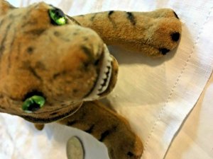 Vintage Felt Tiger Bobble Nodding Head 8” Green Eyes Teeth Unusual   SKU 043-106