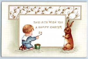 Easter Postcard Little Boy With Paint Writing Pipe Berry Rabbit Embossed c1910's