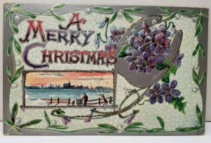 Christmas Silver Purple Flower Country Scene Glitter Dorchester MA Postcard E11
