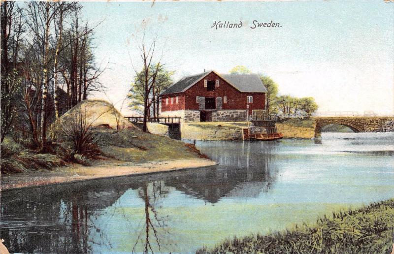 HALLAND SWEDEN VIEW ACROSS WATER TO BARN~STONE ARCH BRIDGE POSTCARD c1900s