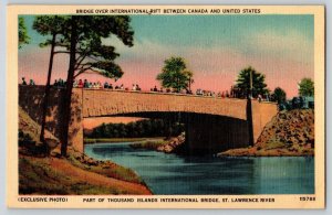 Vintage Linen Postcard International Bridge St Lawrence River Border Canada US