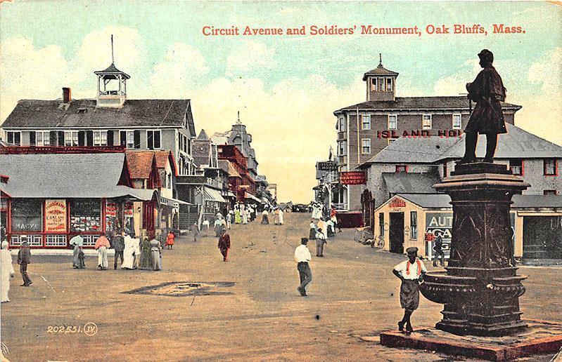 Oak Bluffs MA Circuit Ave. Soldier's Monument Old Cars Postcard